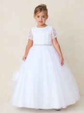 Plus Size Short Sleeve First Communion Dress Floral Embroidery Bodice with Rhinestone Waist
