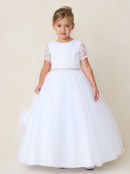 Plus Size Short Sleeve First Communion Dress Floral Embroidery Bodice with  Rhinestone Waist - Christian Expressions Bookstore & Gifts