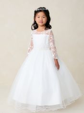 First Communion Dress lace illusion neckline bodice with a 3/4 sleeve