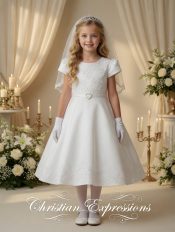 Satin First Communion Dress with Short Sleeves and Embroidered Flower Trim