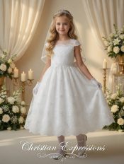 Embroidered First Communion Dress with Tulle and Sheer Neckline