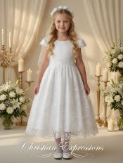 First Communion Dress with Satin Bodice and Embroidered Tulle Skirt