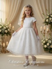 Girls Short Sleeve Satin Bodice First Communion Dress 