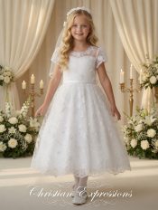 Girls First Communion Dress with Embroidered Tulle Floral Sheer Bodice