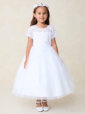 First Communion Dress Short Sleeve Lace Applique with 3D Flower
