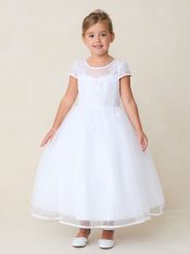 First Communion Dress Cap Sleeved Lace Applique Bodice with Satin Bias Edge