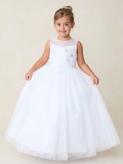 First Communion Dress Lace Applique Bodice with Glitter Tulle Floor Length Skirt