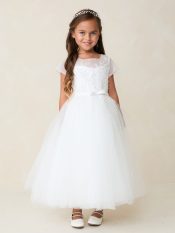 First Communion Dress Short Sleeve Illusion Neckline Lace Bodice