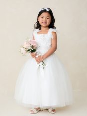 First Communion Dress Lace Bodice Dress with Removable Shoulder Bows