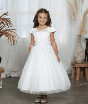 First Communion Dress Satin Cap Sleeves Pearl Accents