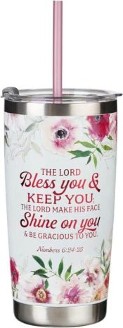 Bless You And Keep You Floral Stainless Steel Travel Tumbler With Straw Num