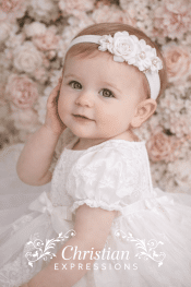 Girls Christening Headband – Elastic with Rose & Floral Accents, Pearls and Rhinestones
