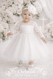 Baby Girls 3/4 Sleeve Lace Bodice Christening Dress with Tulle Skirt