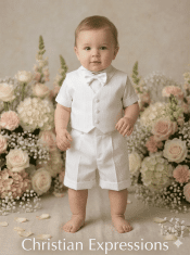 Boys Christening Outfit Satin Vest & Shorts with Satin Shirt, Bow & Hat
