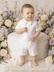Boys Christening Outfit Shantung Vest with Embroidered Cross, Shirt & Shorts with Bow & Hat