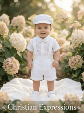 Boys Christening Outfit Poly Cotton Shirt with Suspender Shorts, Bowtie & Hat