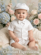 Boys Christening Outfit Striped Organza Vest with Satin Shorts, Shirt, Bow & Hat