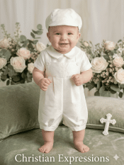 Boys Shantung Christening Romper with Embroidered Cross