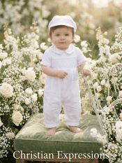 Boys Poly Cotton Christening Romper with Embroidered Cotton Eyelet Trim