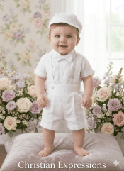Boys Christening Outfit Poly Cotton Shirt with Cotton Oxford Suspender Shorts, Bowtie & Hat