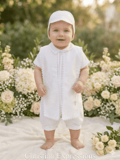 Boys Poly Silk Shantung Christening Romper with Embroidered Shawl & Hat