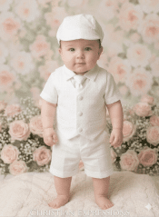 Boys Christening Outfit Checkered Vest with Cotton Shorts, Shirt, Necktie & Hat