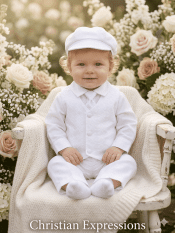 Boys Christening Outfit Embroidered Cotton Vest with Poly Cotton Pants, Shirt, Necktie & Hat