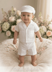 Boys Christening Outfit Poly Cotton Pintuck Shirt & Shorts with Hat – Guayabera Style