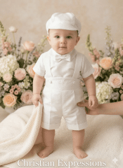 Boys Christening Outfit with Shantung Suspender Shorts & Embroidered Cross, Shirt, Bowtie & Hat