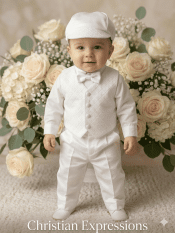 Boys Christening Outfit Embroidered Cotton Eyelet Vest – Diamond Pattern with Satin Pants