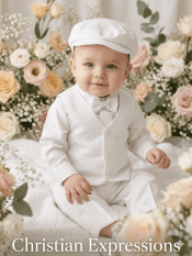 Boys Christening Outfit Cotton Basketweave Vest with Bowtie, Shirt, Pants & Hat