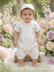 Boys Raw Silk Christening Romper with Hat