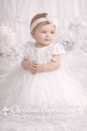 Girls Christening Dress – Cap Sleeve Embroidered Bodice with Rhinestone Waist