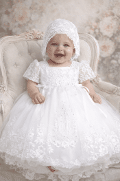 Girls Christening Gown – Illusion Neckline Lace Bodice with High-Low Tulle Skirt & Lace Appliqué Hem
