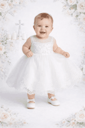 Girls Christening Dress – Illusion Neckline Lace Bodice with Pearl Waist