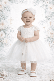 Girls Christening Dress – Cap Sleeve Lace Bodice with Pearl & Bead Chevron Waist