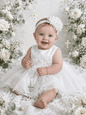 Girls Christening Dress – Satin Bodice with 3D Flower Waist