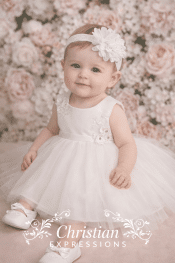 Girls Christening Dress – Satin Bodice with 3D Flower Appliqué