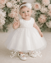 Girls Christening Dress – Lace Bodice with Rhinestone Neckline