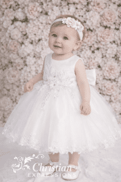 Girls Christening Dress – Glitter Tulle Dress with 3D Floral Appliqué