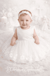 Girls Christening Dress – Sleeveless Lace Bodice with Pearl Waist
