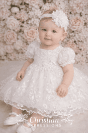 Girls Christening Dress – Square Neck Floral Lace Dress with Puff Sleeves