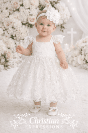 Baby Girls All Lace Flutter Sleeve Christening Dress with Scalloped Hem