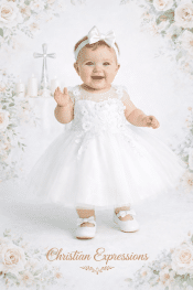 Girls Christening Dress – Illusion Neckline with 3D Floral Appliqué & Glitter Tulle Skirt