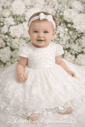 Girls Christening Dress – 3D Floral Short Sleeve Dress with Rhinestone & Pearl Waist Sash