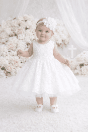 Girls Christening Dress – All Lace Sleeveless Gown with Braided Pearl Waist
