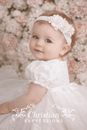 Baby Girls Floral Christening Headband with Stretch Band