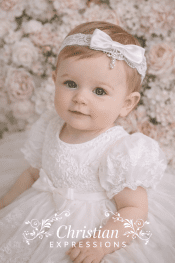 Girls Christening Headband – Stretch Lace Baby Headband with White Bow & Swarovski Crystal Cross