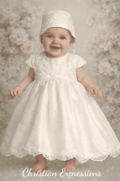 Girls Raw Silk Christening Dress with Embroidered Tulle & Sequins