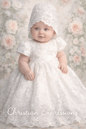 Girls Christening Gown with Corded Embroidered Tulle & Sequins
